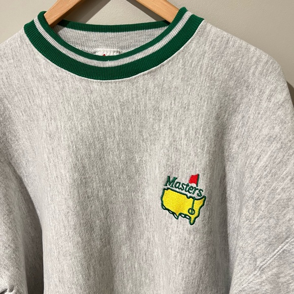 Masters Light Gray Crewneck Sweater with Green Trim and Yellow Logo - Picture 2 of 6